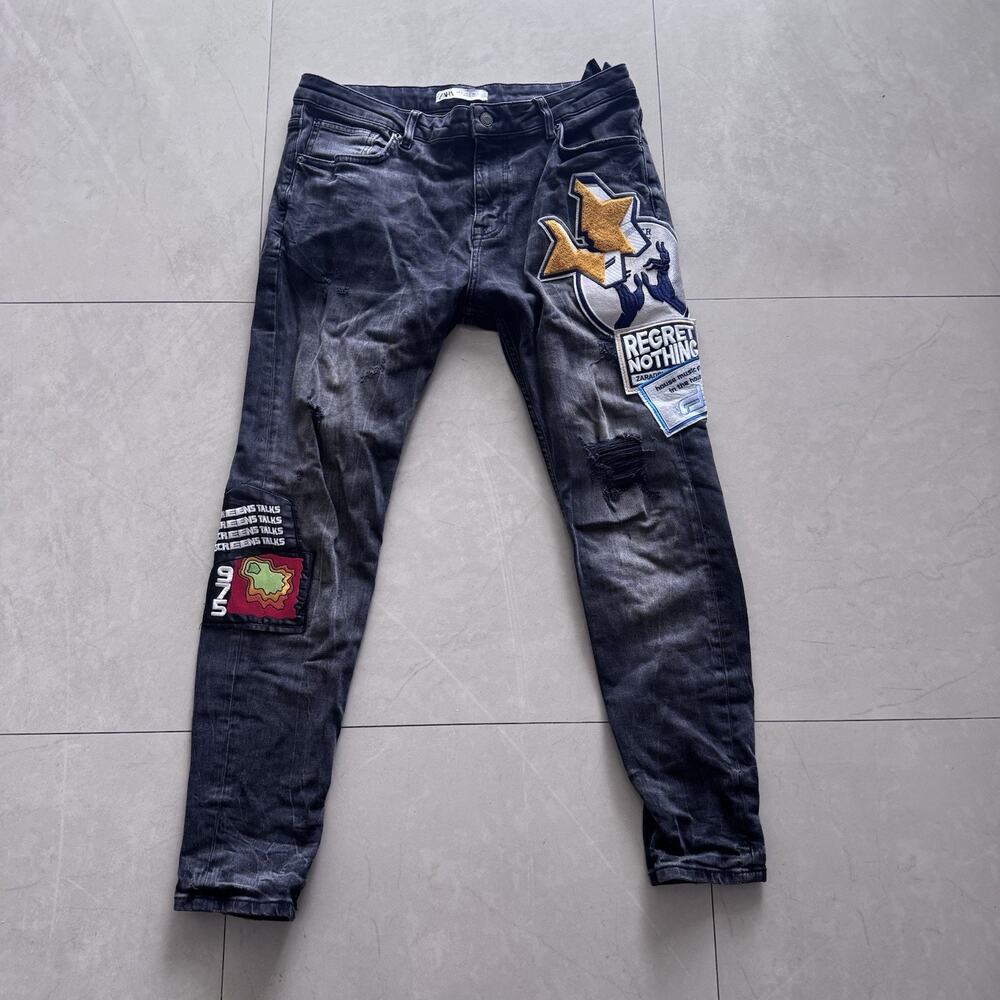 Zara “Regret Nothing” Black Jeans Patches Size 34